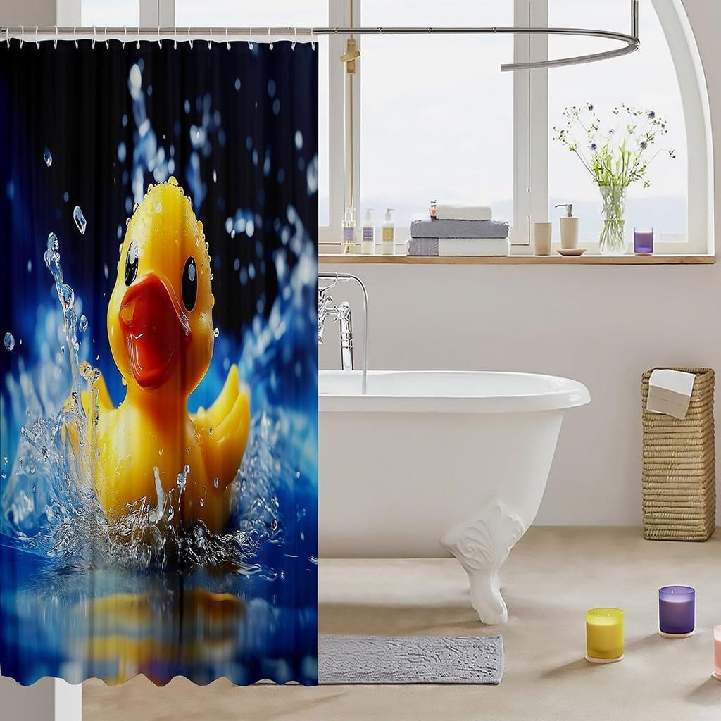 Yellow Rubber Duck Shower Curtain Set,Cute Swimming Duck Bathroom Decor for Kids,Kawaii Animal Bathroom Set Gifts for Pet Lovers