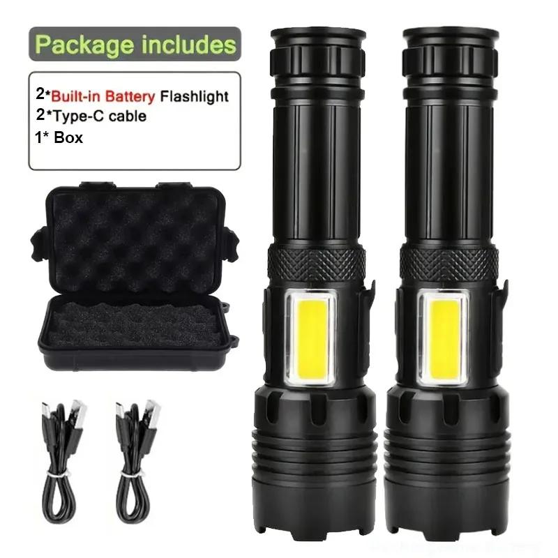 High Power Rechargeable Flashlight COB Led Light with Power Supply Built-in Battery Tactical Torch for Outdoor Camping Lantern