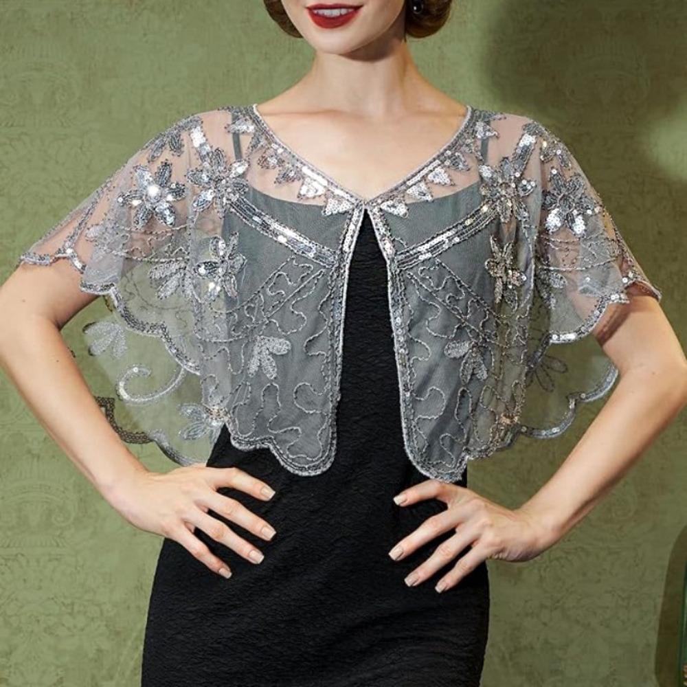 Bling Bling Sequins Poncho Coat Retro Flapper Shawl Dress Decorative Shoulder