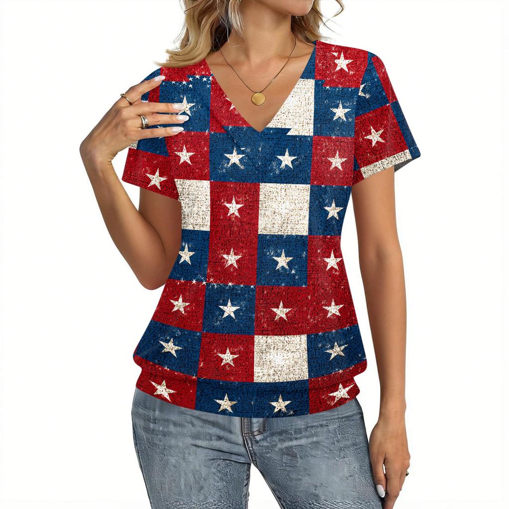 Women Casual Short Sleeve V Neck Top with Star Print Lightweight Breathable Fabric Suitable for Everyday Wear and Outdoor Activities