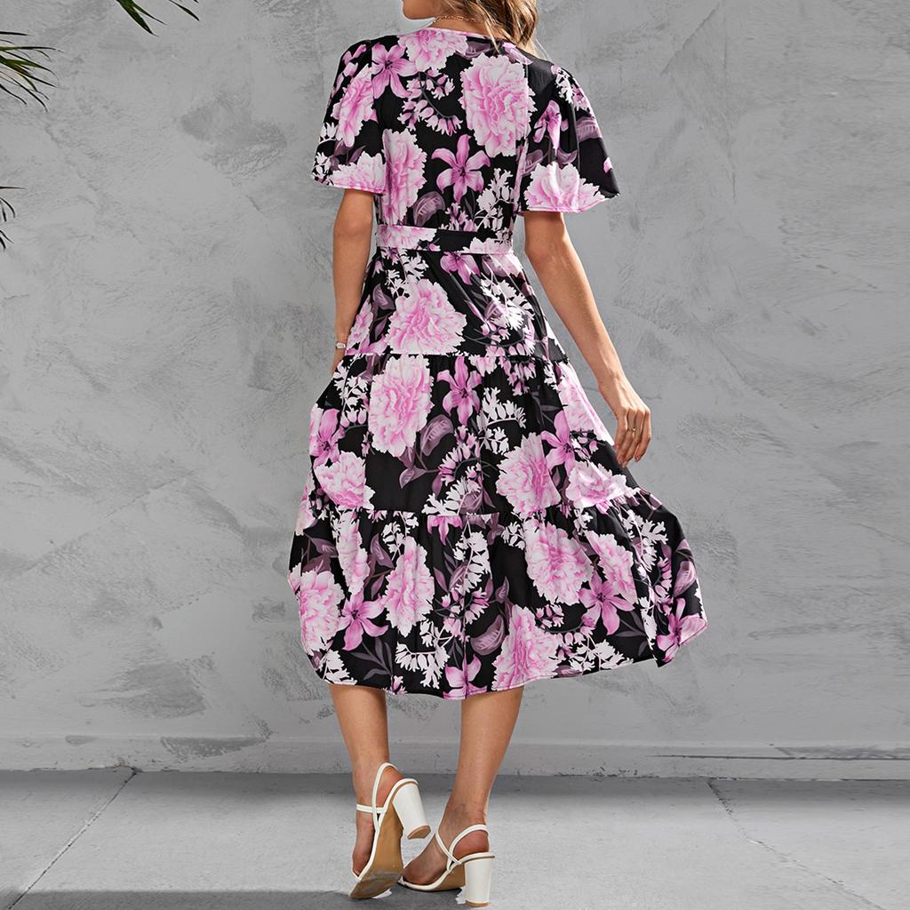 Women's Dresses Printed V-Neck Waisted Mid-Length Short Sleeve Dresses