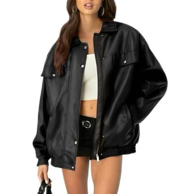 2025 Autumn Winter New Women's Faux Leather Jacket Loose Long Sleeve Lapel Vintage Motorcycle Coat