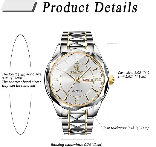 Watch Precision Steel Analog Copy Watch Men Luminous Date Day of the Week Waterproof Watch Easy To Read Dial Stainless Steel Level Adjustable Silver