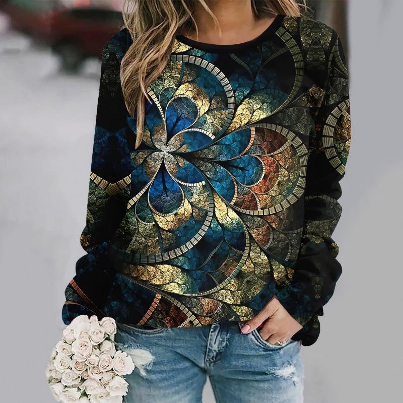 Fashionable round neck long sleeved printed casual loose streetwear