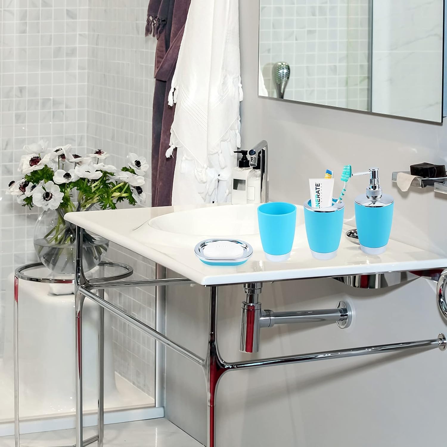 

Набор аксессуаров для ванной комнаты 6 предметов Синий, Пластиковый набор для ванной комнаты включает дозатор, подставку для зубных щеток, мусорное ведро, мыльницу, стакан для зубных щеток, лосьон