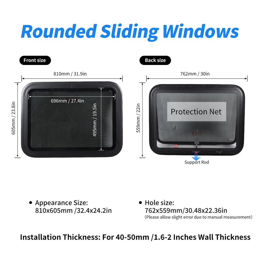 RV Exit Window Privacy Sun Protection 30.48 X 22.36in Push Out Trailer Window with Net Screen and Trim Ring