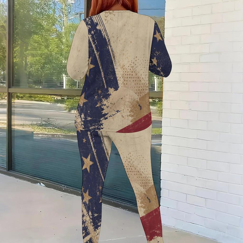 Women Plus Size Round Neck Long Sleeve Star Printed Top Fitted Pants Two Piece Set