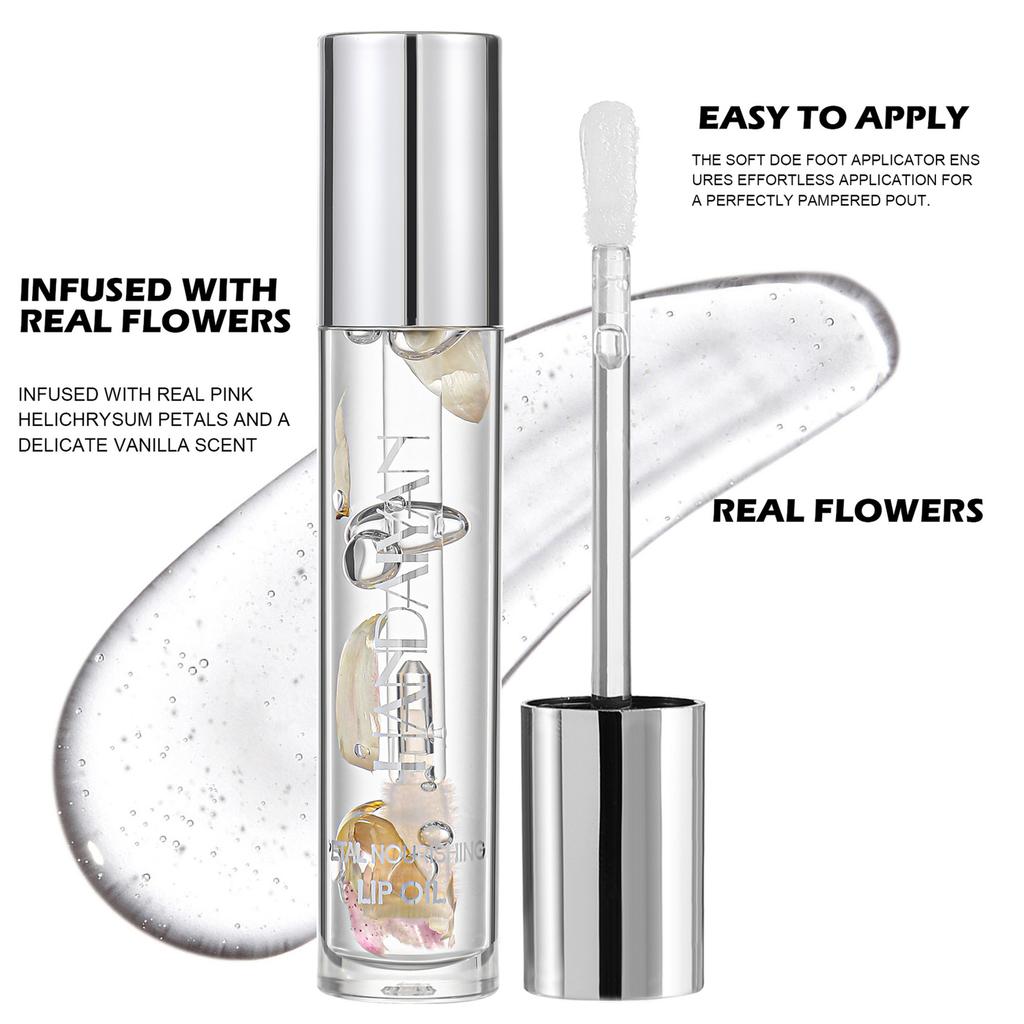 2pcs Nourishing Lip Oil Set, Transparent Dried Flower Clear Lip Gloss, Hydrating Plumping Glossy Tint, Moisturizing Shimmer Lip Care Makeup for Women
