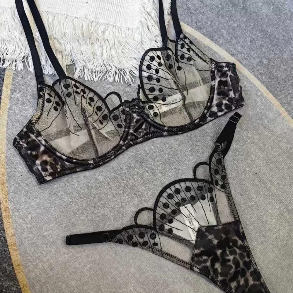 Francúzska ultratenká sieťovaná súprava spodnej bielizne Sexy výšivka Podprsenka Dámska kostica Spodná bielizeň Čipkovaná Priedušná Podprsenka a G-string Súpravy