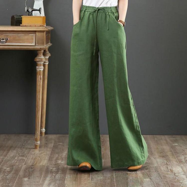 

Women High Waist Cotton Linen Pants Loose Wide Leg Big Yards Elastic Solid Color S зелёный