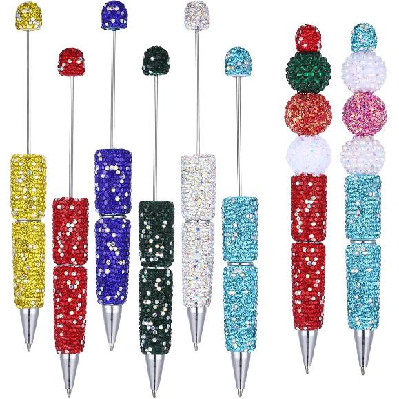 12 Pcs Beadable Pens, Glitter Full Rhinestone Beaded Pens, DIY Craft Fancy Ballpoint for Crystal, Plastic, Rhinestones Beads, Cute Trendy School