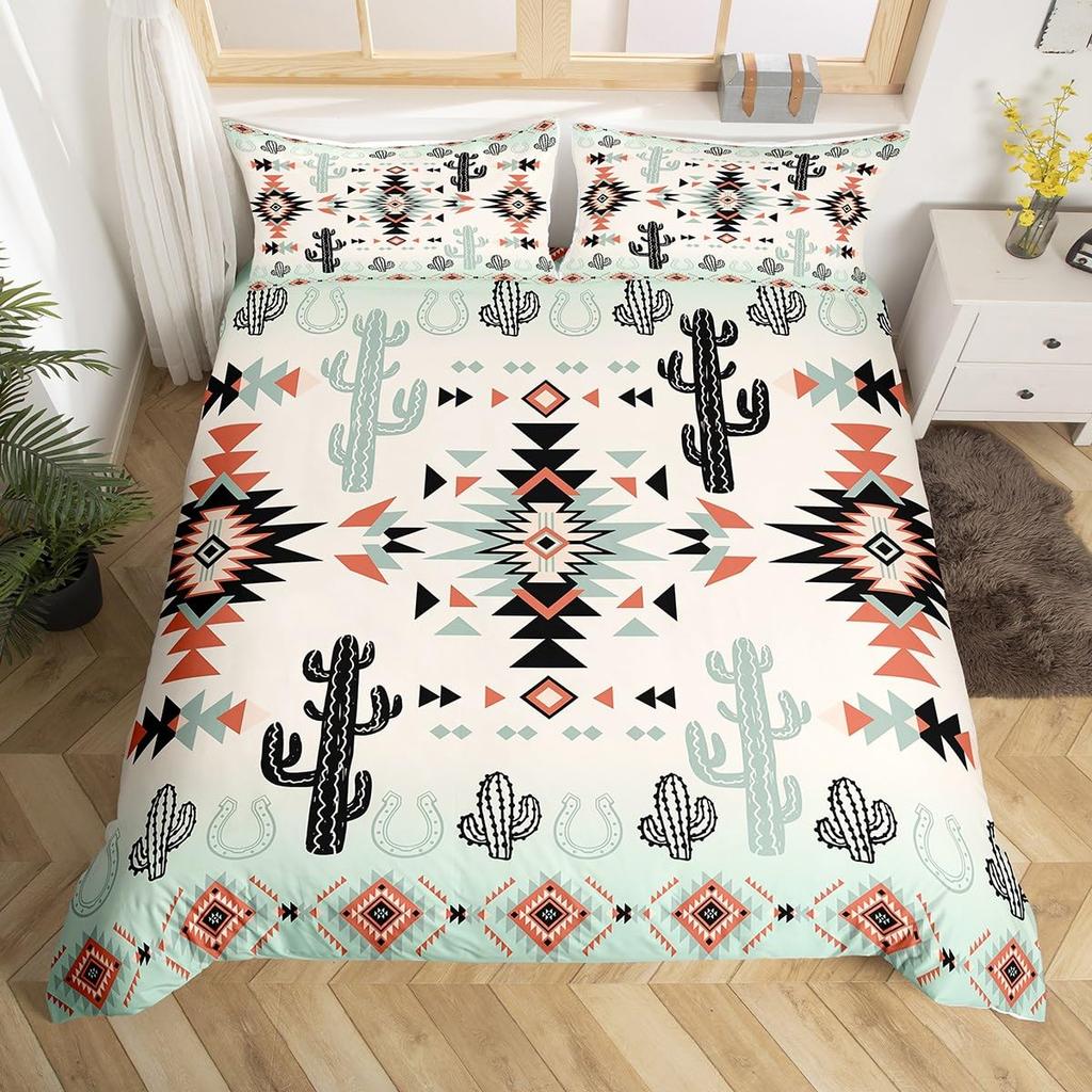 Geometric Aztec Duvet Cover Twin Queen Size,Horseshoe Cactus Western Cowboy Bedding Set,Southwest Rustic Farmhouse Quilt Cover