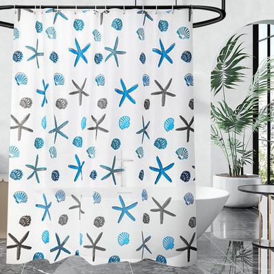 1Pc Starfish Print Semi-Transparent Shower Curtain With Plastic Hooks, 71*71Inches Lightweight Bathroom Curtain Bath Curtain
