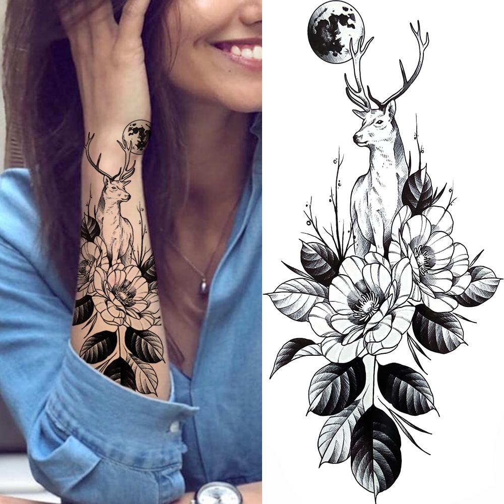 Geometry Owl Temporary Tattoo For Women Fake Wolf Tiger Deer Triangle Tatoo Sticker Black Moon Flower Body Art Tattoos Paper