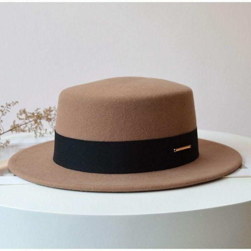Hat Women's Autumn and Winter Retro British Hat Woolen Top Hat Wide Edge Fashion Versatile Ins Internet Celebrity Flat Top Hat