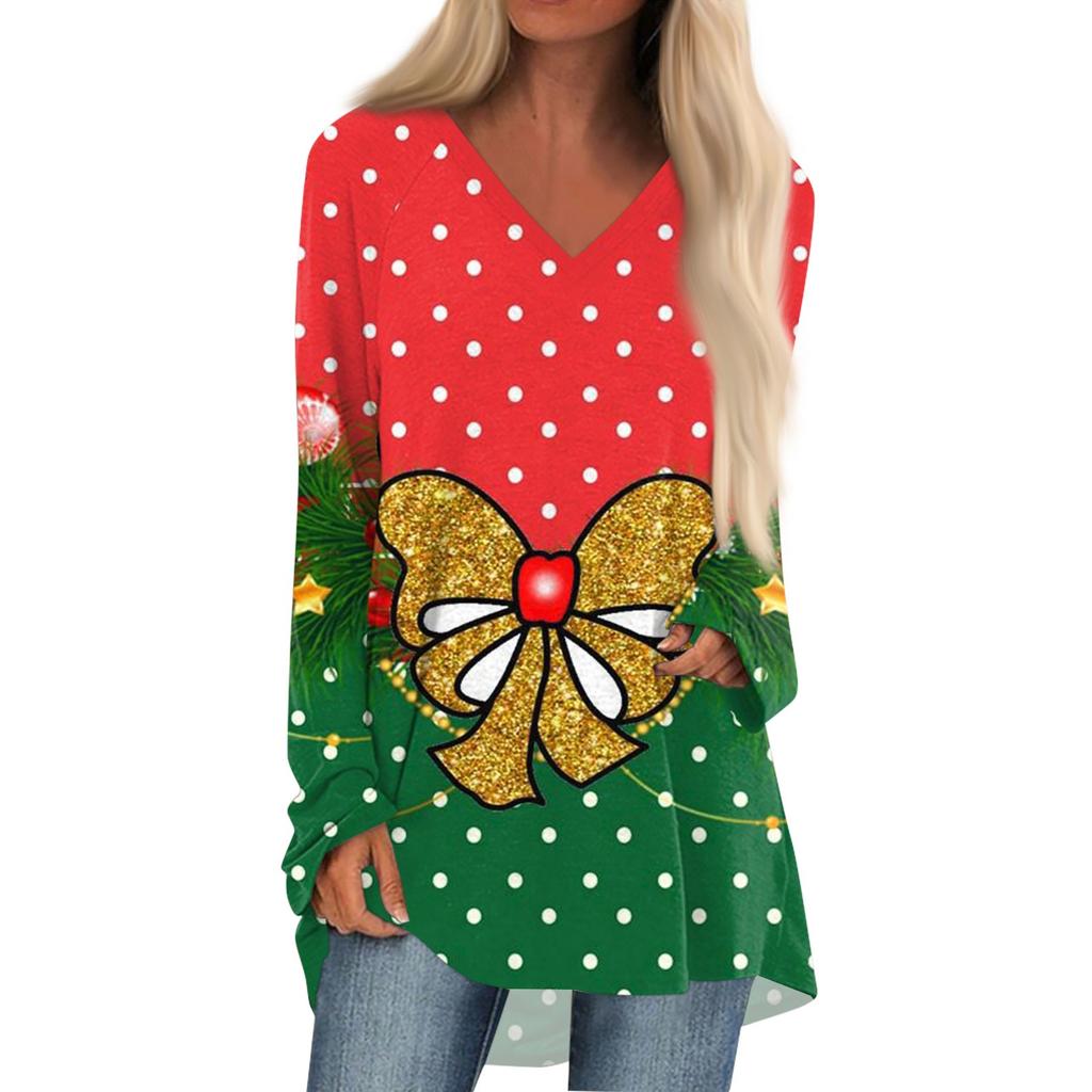 Women's Autumn Winter Long Sleeved V-neck Christmas Print Casual Long Loose T-shirt Top