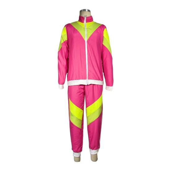 2Pcs/Set Disco Tracksuit Retro 80s Sportswear Long Sleeve Color Block Zipper Jacket High Waisted Long Trousers Set Men Women Party Wear