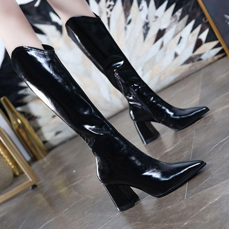 Fashion Black Fleece-Lined Leather Long Boots for Women Pu Cosplay Hot Goth on Offer Footwear Waterproof Y2k Knee High Shaft Shoes Woman