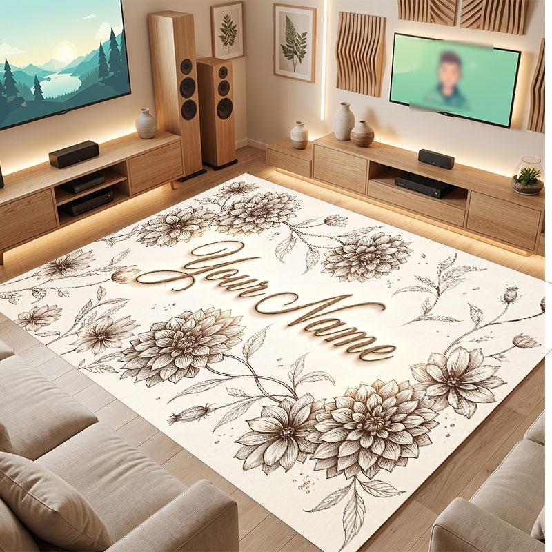 Floral Garden Theme Crystal Velvet Floor Rug Personalized Custom Name Text Warm Carpet Home Decoration