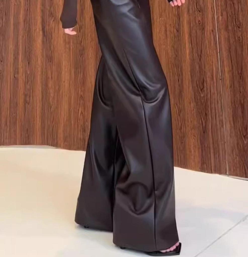 Pantalones de Pierna Ancha de Cuero Marrón para Mujer Petite – Nuevo Estilo Primavera/Otoño, Ajuste Casual Recto