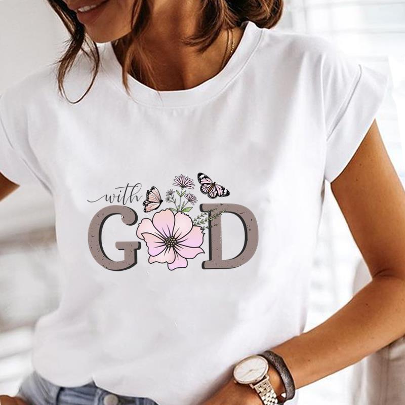 (Asian Size) Tee faith flower sweet Clothing T Shirt Printed Women Casual Fashion Lady Female Top Graphic Short Sleeve T-shirts