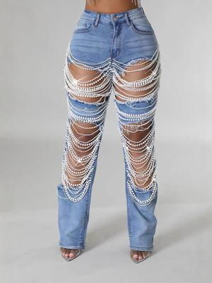 2025 Beaded Ripped Elastic Jeans for Women: Hot Girl Summer Style