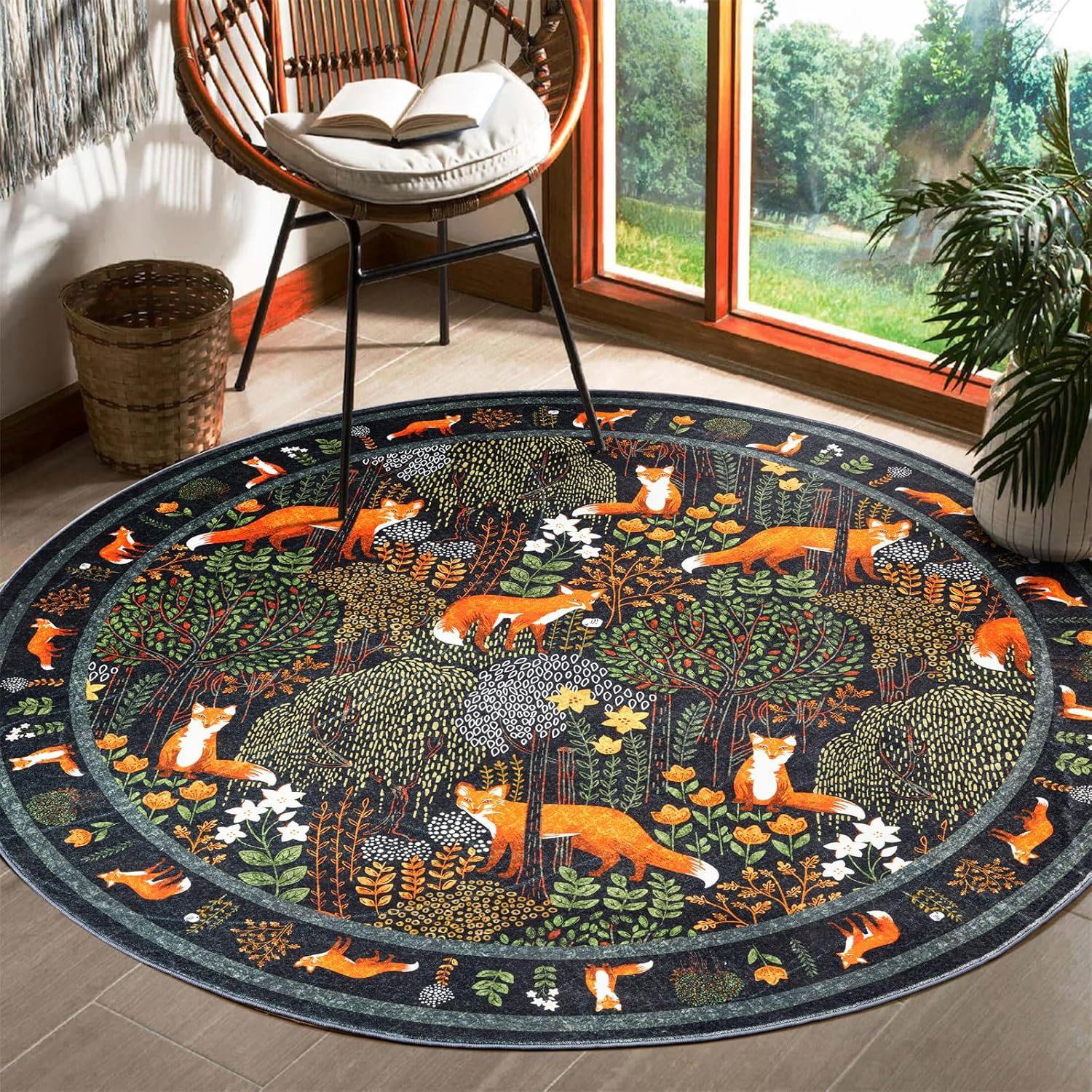 

Round Fox Forest Carpet with Orange Red Foxes Nature Theme Kids Room Decor Bedroom Area Rug Soft Floor Mat Home Decor Gift 60cmx60cm