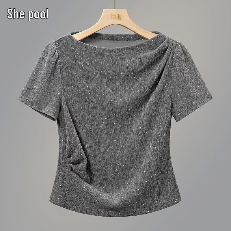 

Women s Rhinestone Pleated Short Sleeve T-Shirt M