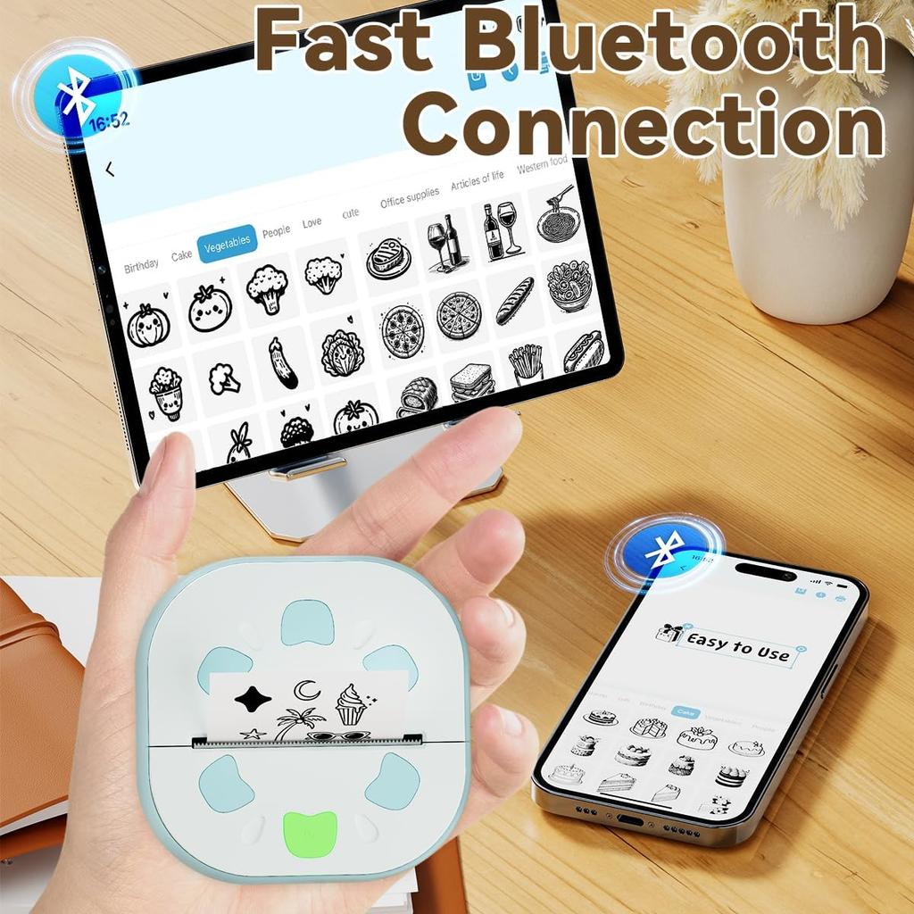 Bluetooth Portable Mini Thermal Printer No Ink For DIY Stickers Labels Receipts Work Plans For IOS Android Devices Includes 3 Rolls Adhesive Paper