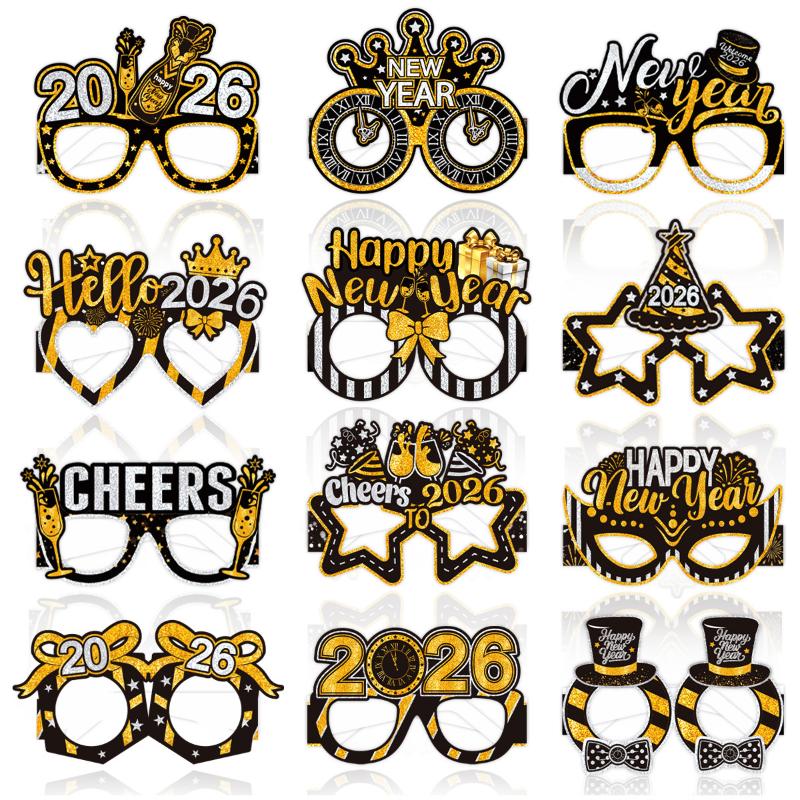 6Pcs/Set 2026 Happy New Year Black Gold New Year Paper Glasses Photo Props
