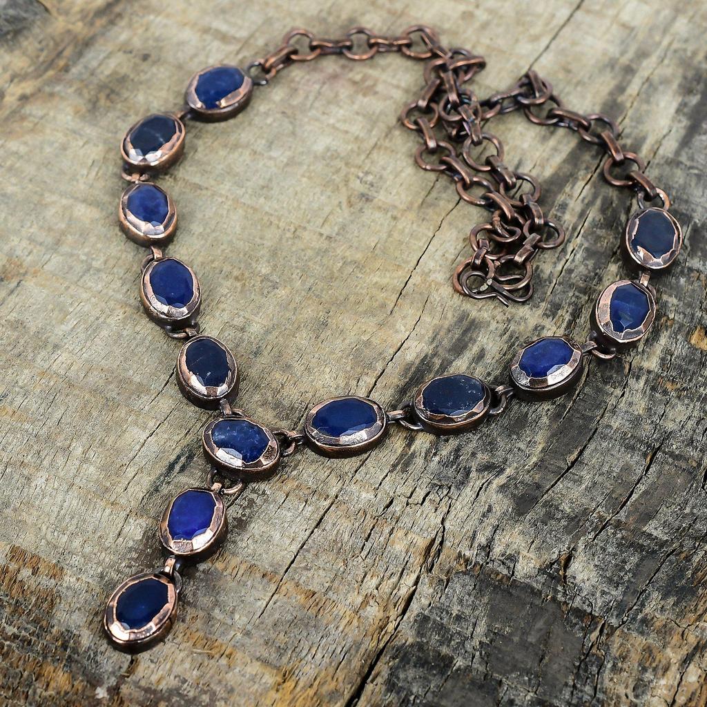 Facettierte blauer Saphir Halskette elektrogeformte Kupfer Halskette Edelstein Schmuck verstellbare Kettenhalskette handgefertigter Kupferschmuck Geschenk für sie