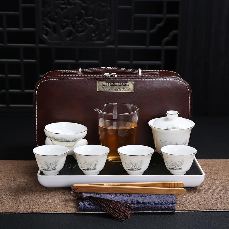Cha Xun Dehua Ceramic Portable Tea Set with Ink Wash Jiangnan Dry Brewing Tray