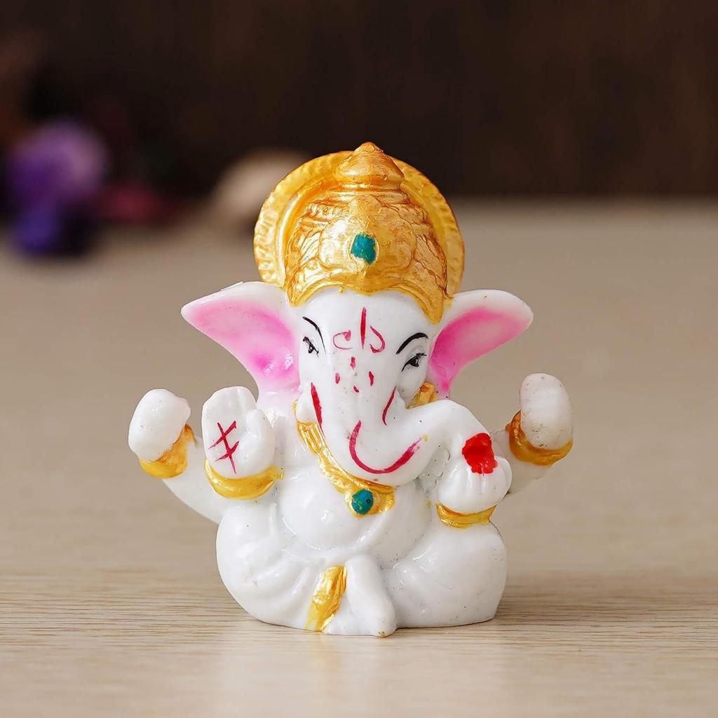 White Resin Lord Ganesha Idol with Golden Mukut| Lord Ganesha Idol for Home Decor Office Car Dashboard| Ganesha Statue for Puja Room