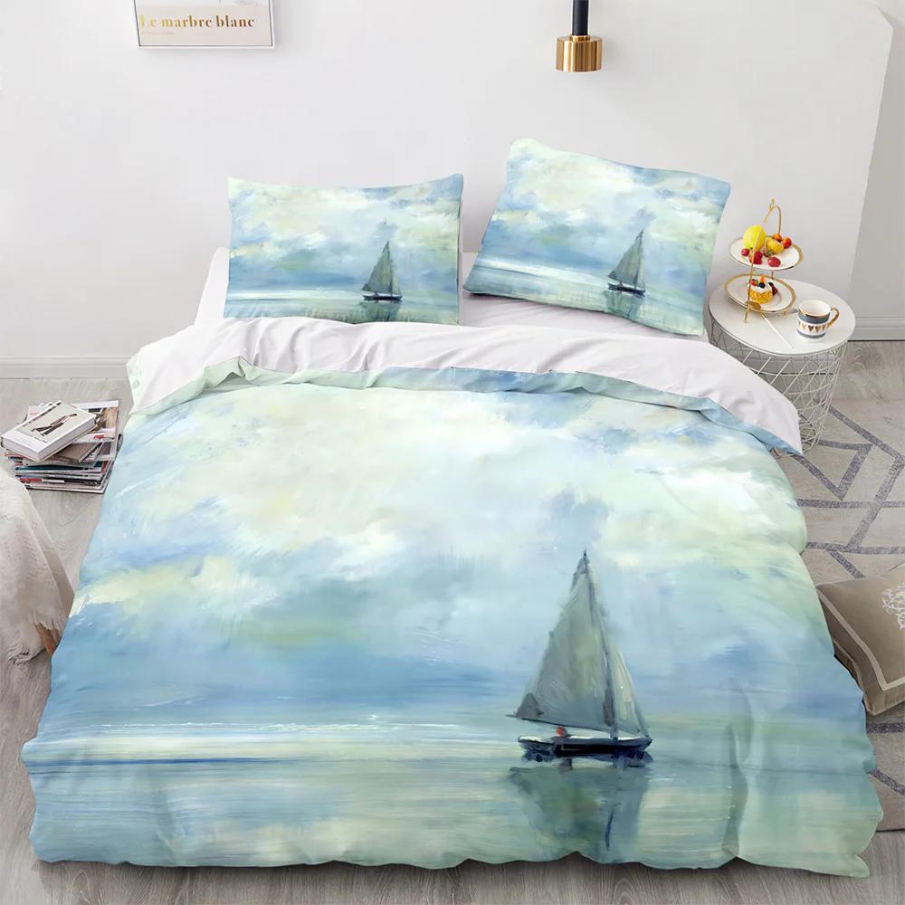 Vintage Sailboat Duvet Cover Nautical Ocean For Children Teen Adult Ship Fire Black Retro Style Polyester Quilt Cover Room Decor