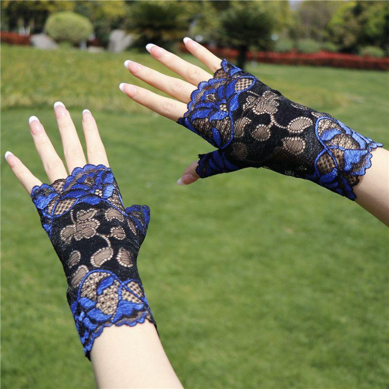 

Sun Protection Half Finger Lace Gloves Women Thin Elegant High-Grade Sense Sailor Dance Square Performance Sexy Dew Half Spring and Summer Baolan One size