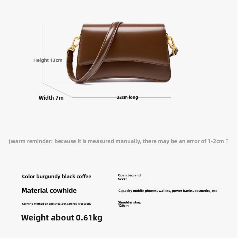 Versatile Single Shoulder Messenger Bag Cowhide High-quality Niche Baguette Bag High-end Underarm Bag Women's Bag