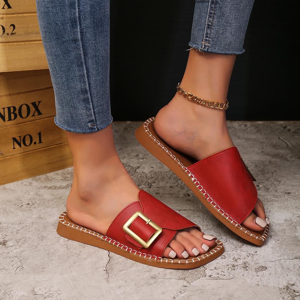 Fashion Plus Size 2025 Summer New Open Toe Women’s Slippers Round Toe Buckle Sewing Flat with Slippers for Outdoor Daily & Casual Sandal