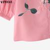 VONDA Women Summer V Neck 3/4 Sleeve Floral Print Smooth Casual Blouse Tops