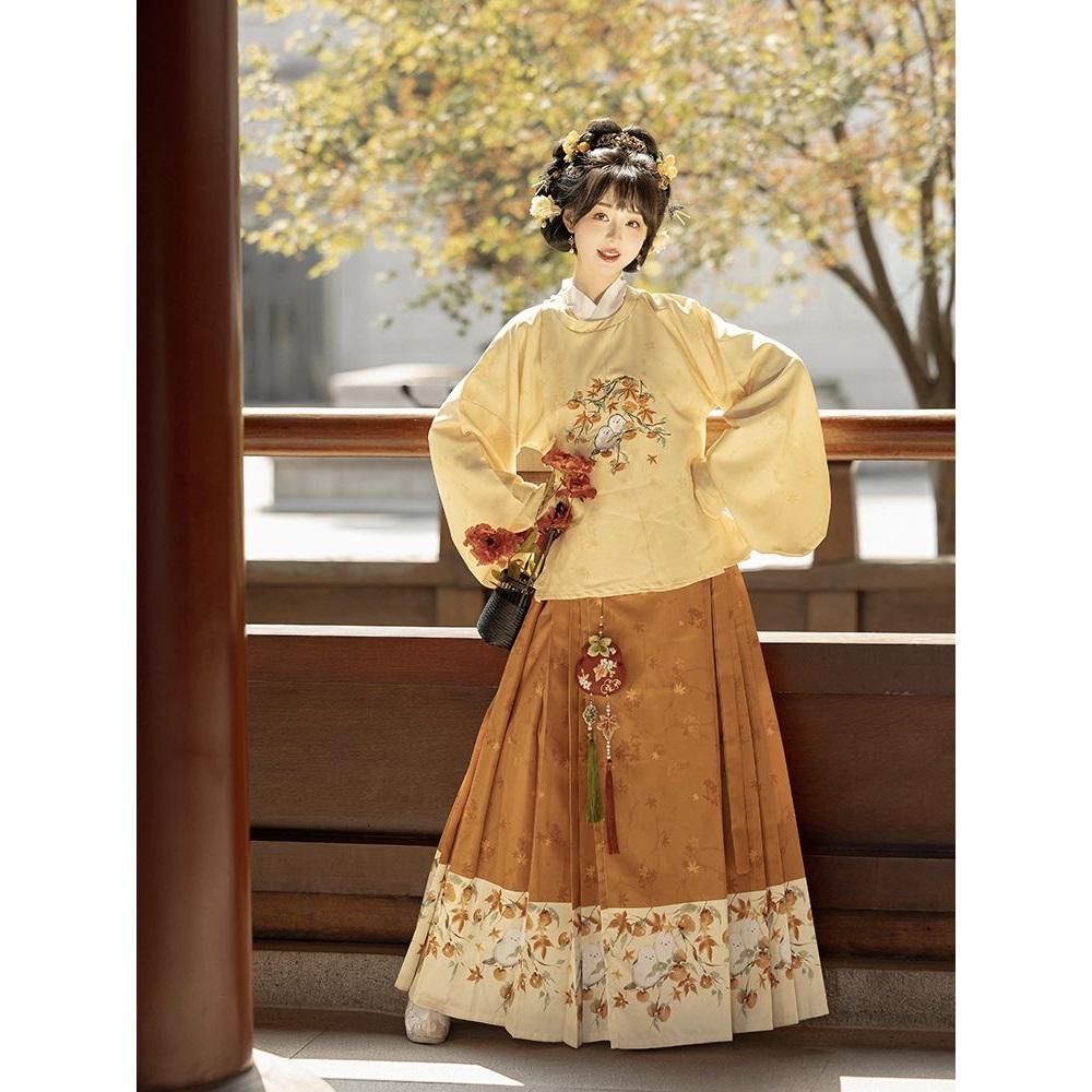 Chinesischer Ming-Dynastie-Stil Hanfu Rundhalsrobe Pipa-Ärmel Pferdegesicht-Rock Anzug für Frauen