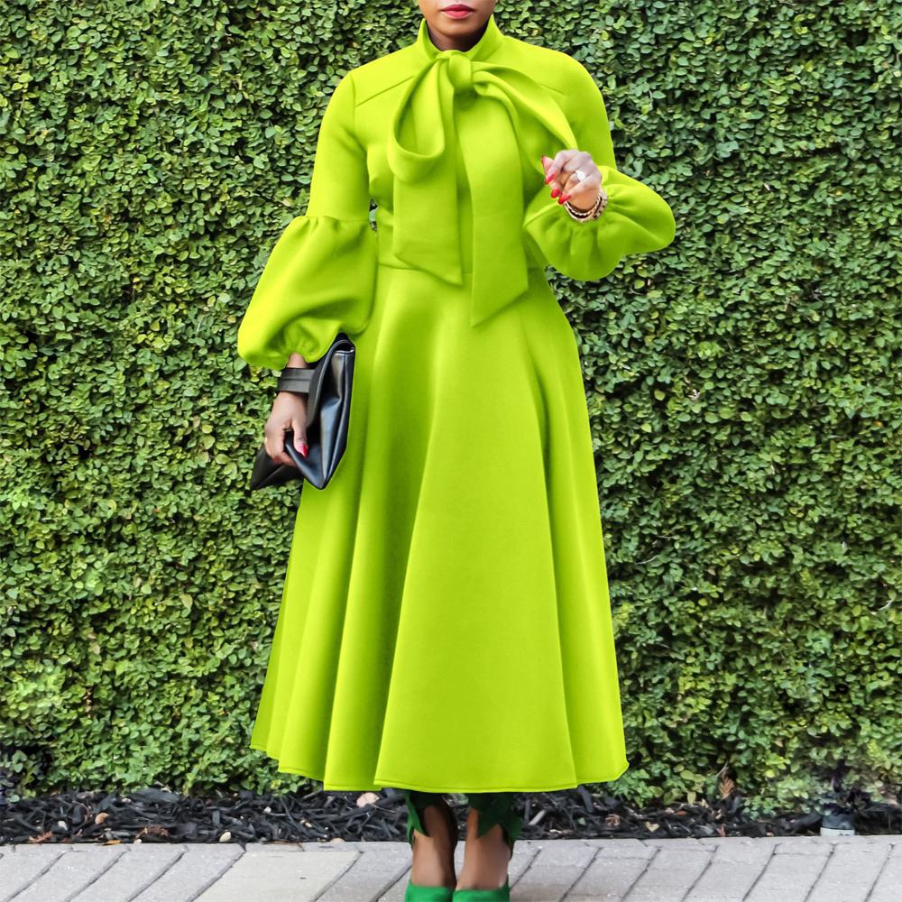 Women Long Sleeve Elegant Dresses Bow Collar High Waisted Pleated Mid Calf Luxury Birthday Party Vestidos Mujer Dress