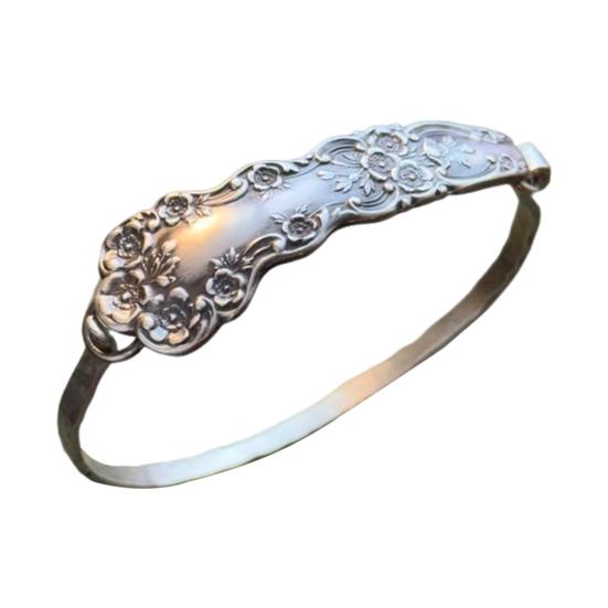 Handmade Sterling Spoon Bangle Floral Pattern Opening Bangle Boho Style Handle Cuff Jewelry Accessories