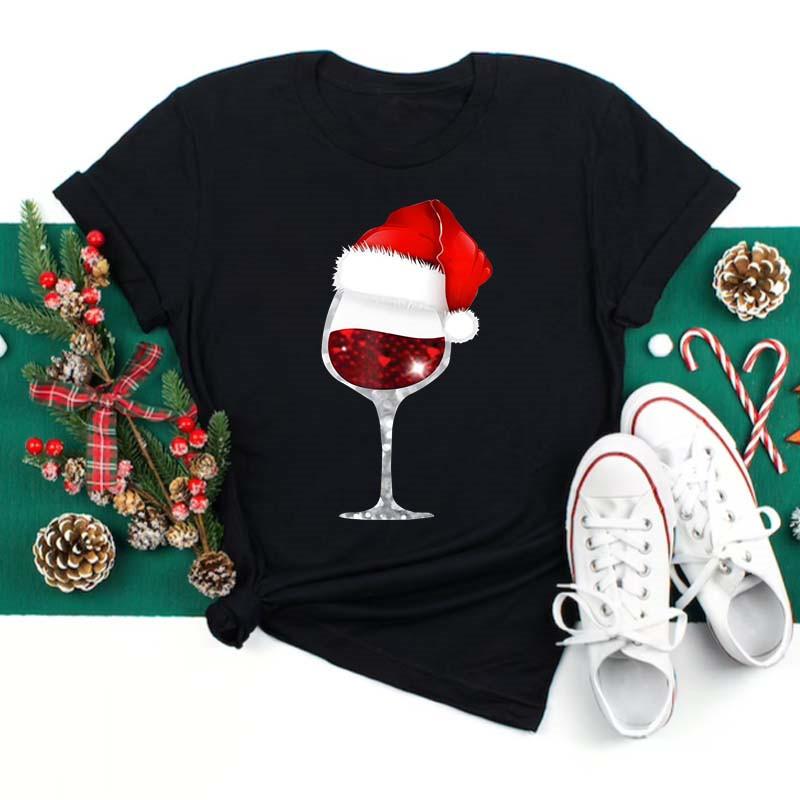 Polyester  100% New Christmas Happy Christmas Tree Santa Claus Casual and Fashionable Round-neck Short-sleeved Women's Base Tops