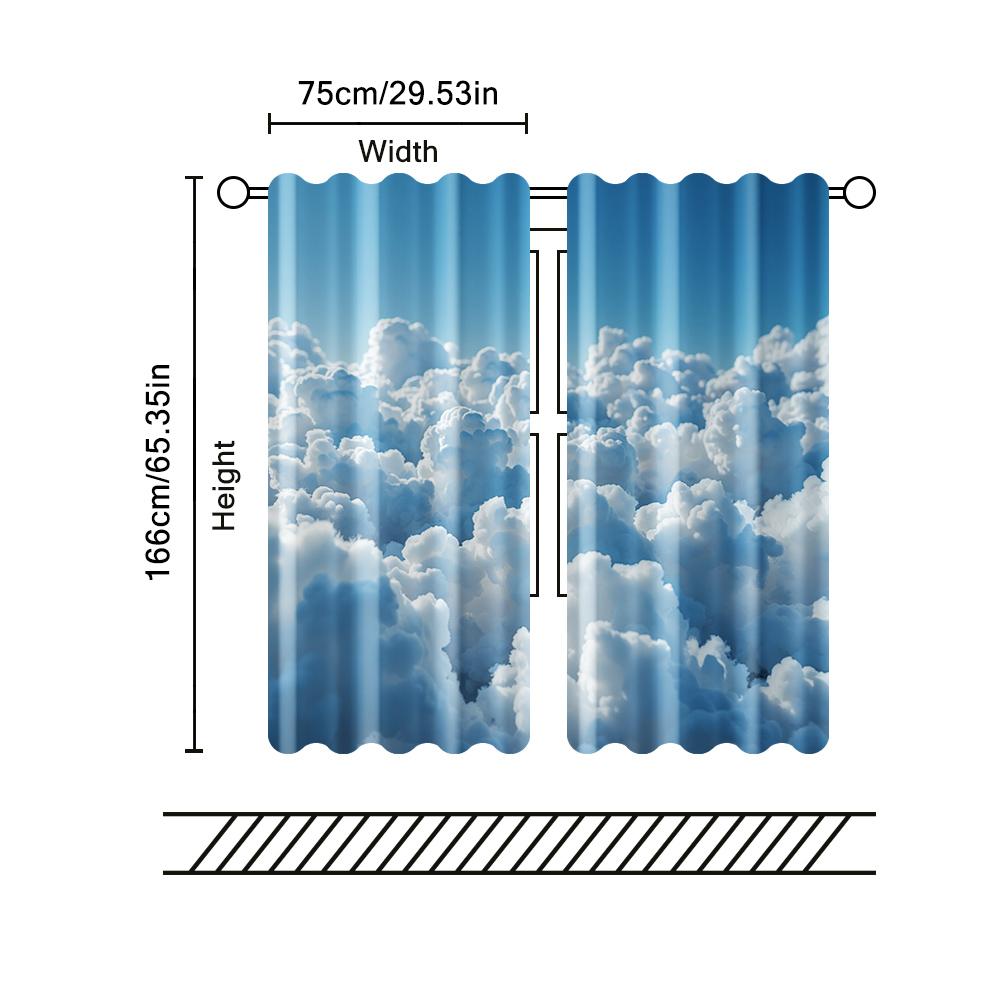 2 Pcs   Filtering Curtains (excluding Rods   Non-movable   Without Batteries) Blue Sky & White Clouds for Use In Bedrooms and