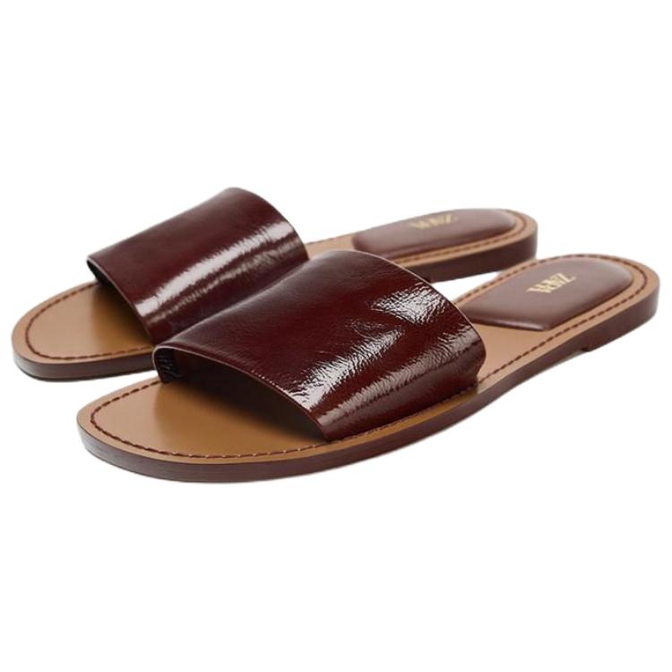 Zara Slip-On Open-Back Soft Leather Slide Sandals Women Footwear Dark-Brown Yellow 3612610709