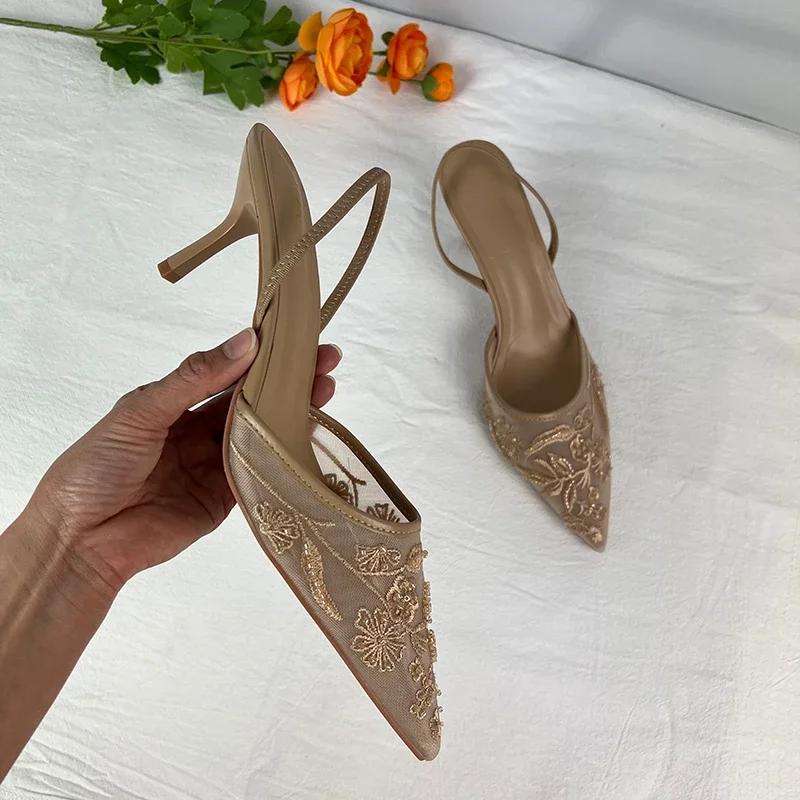 Soleist New Women Sandals Brand Designer Ladies Flower Mesh Open Heel Sandals Shoes Sexy High Heel Pointed Toe Stiletto Pumps Mules