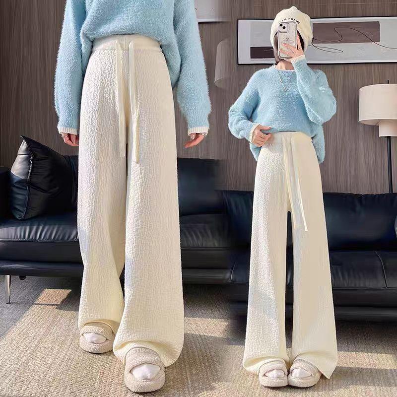 New Autumn Winter Plus Size Womens Wide Leg Pants High Waist Loose Straight Casual Trousers Slimming Mid Age