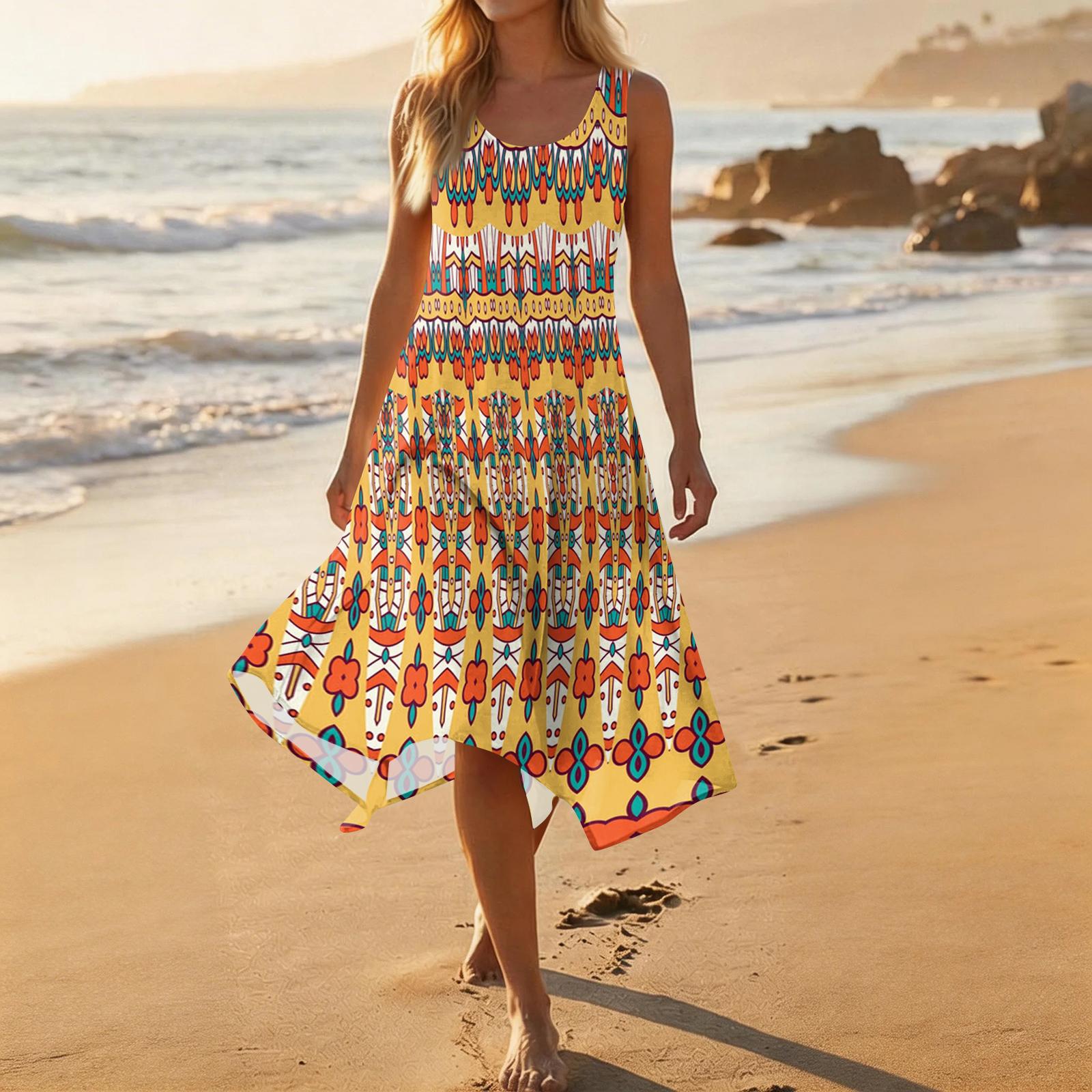 

Sleeveless Loose Fit Midi Dress with Abstract Print for Women Casual Summer Lightweight Flowy Sundress Round Neck XL жовтий