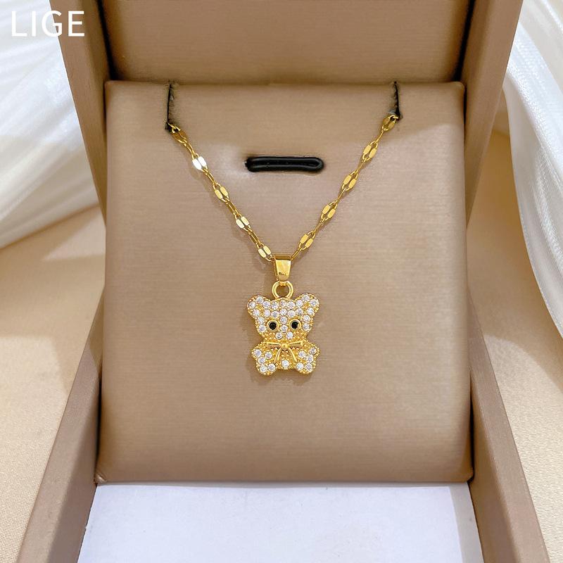 Light Luxury Cute Bear Full Of Zirconium Inlaid Real Gold Necklace Women'S Transfer Collarbone Chain With Jewelry