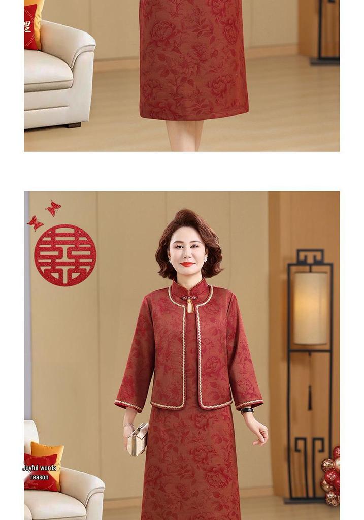 Spring/Autumn 2026 Mother-in-law Wedding Qipao - Elegant Two-Piece Medium Long Sleeve Dress