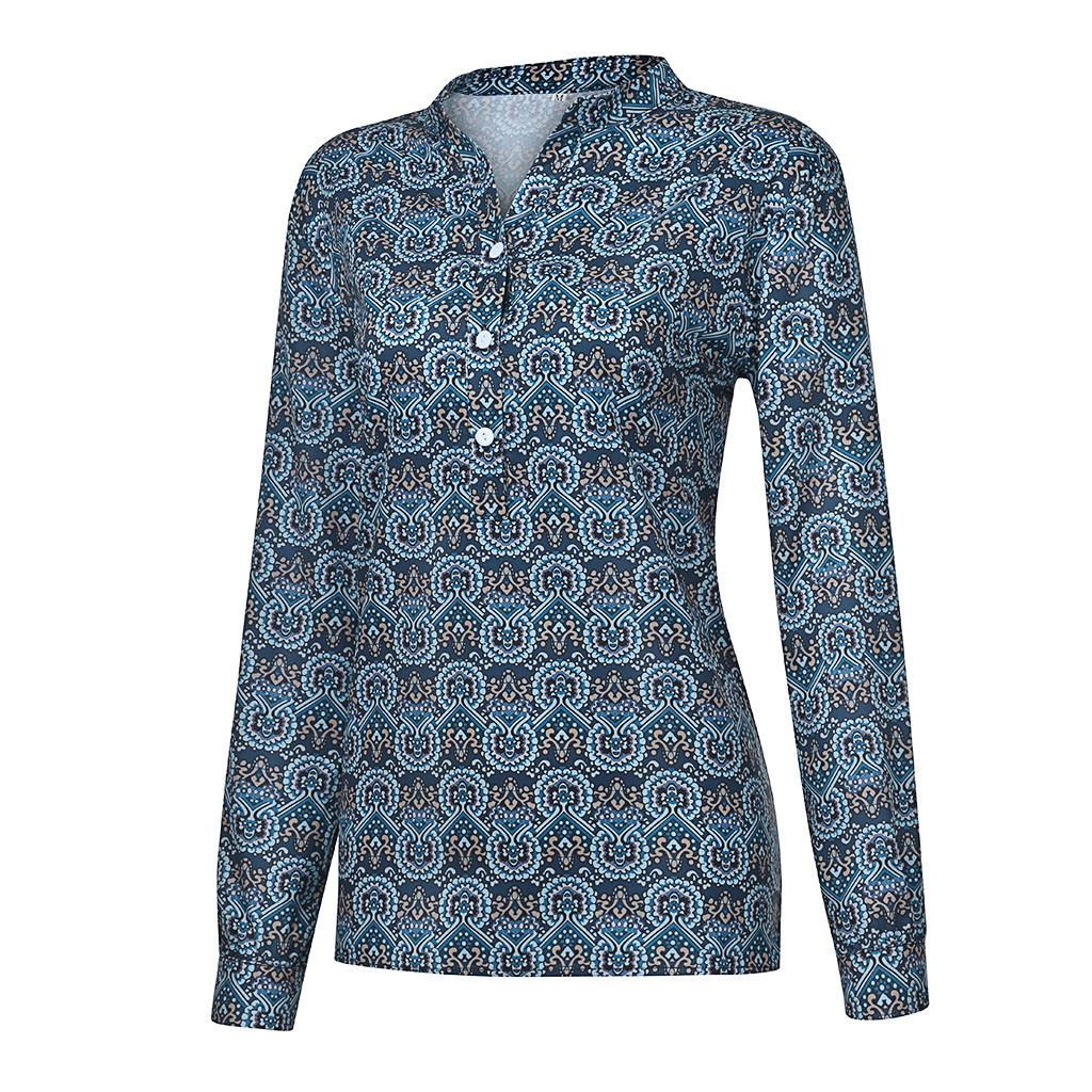 Womens Fashion Casual Button Long Sleeve Vintage Print T-Shirts Tops Blouse
